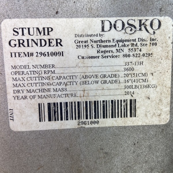 Dosko 337-13H Used Stump Grinder, Honda GX390 