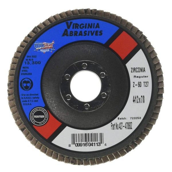 Virginia Abrasives 427-47060Z 60 Grit, Discs, Zirconia Flap 4-1/2"x7/8", 10/Box