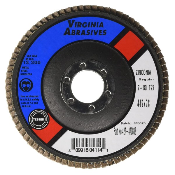 Virginia Abrasives 427-47080Z 80 Grit, Discs, Zirconia Flap 4-1/2"x7/8", 10/Box