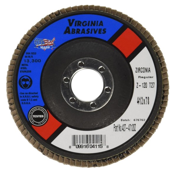 Virginia Abrasives 427-47120Z 120 Grit, Discs, Zirconia Flap 4-1/2"x7/8", 10/Box