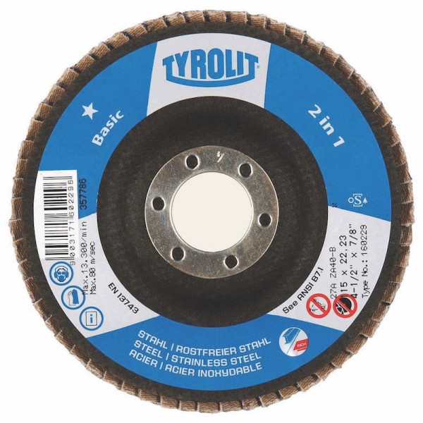 TYROLIT 34335390 4-1/2” x 7/8” BASIC 2 in 1 Zirconia Flap Discs