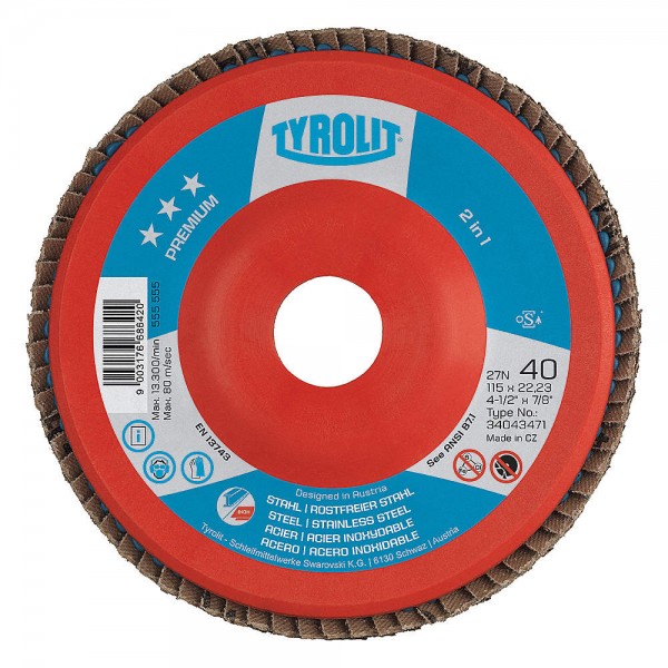 TYROLIT 34333965 4-1/2” x 7/8” PREMIUM Zirconia Flap Disc for Steel and Stainless Steel 