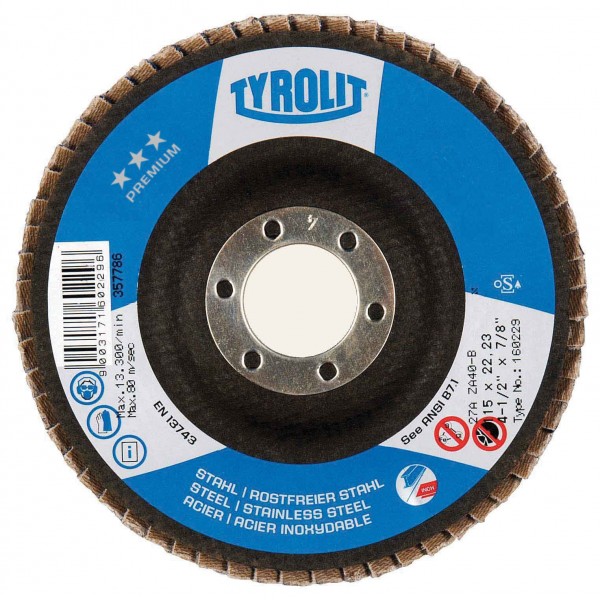 TYROLIT 34334120 4-1/2” x 7/8” PREMIUM Zirconia Flap Disc for Steel and Stainless Steel Type