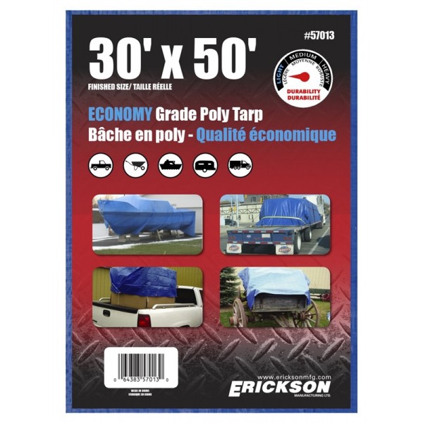 Erickson Manufacturing  57013 Blue Poly Tarp 30'X50' 8*8 Weave, 3 Mil.