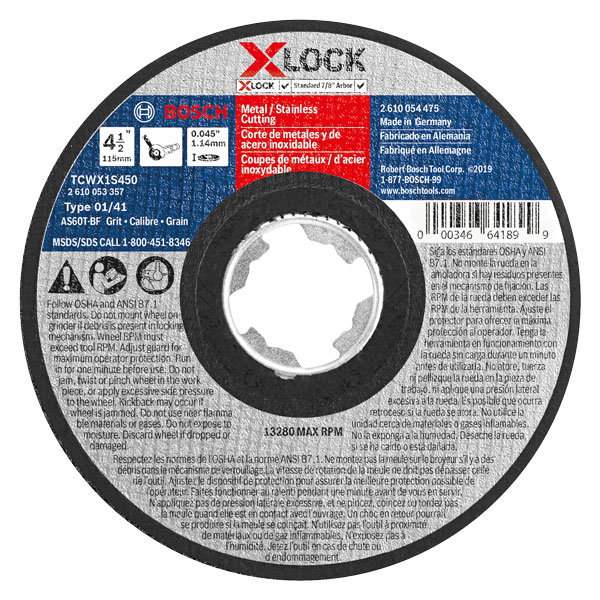 Bosch TCWX1S450 Abrasive Wheel 4.5"X.045" T1 Thin Metal/SS Cutting 60 Grit X-Lock