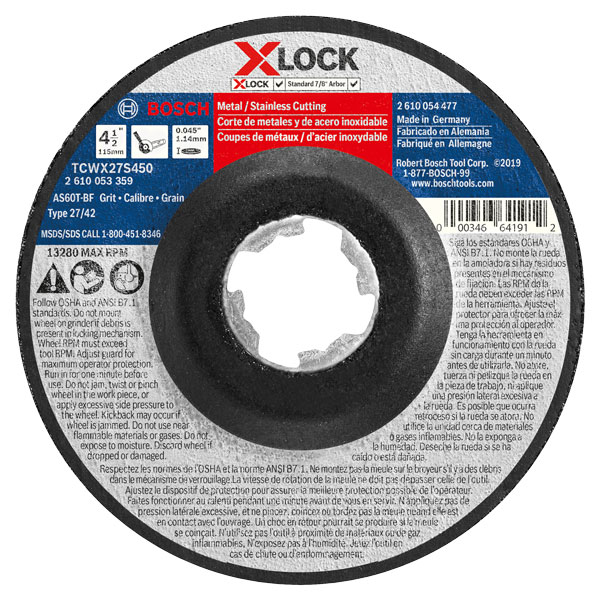 Bosch TCWX27S450 Abrasive Wheel 4.5"X.045" T27 Thin Metal/SS Cutting 60 Grit X-Lock