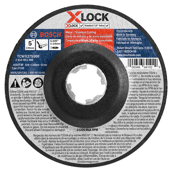 Bosch TCWX27S500 Abrasive Wheel 5"X.045" T27 Thin Metal/SS Cutting 60 Grit X-Lock